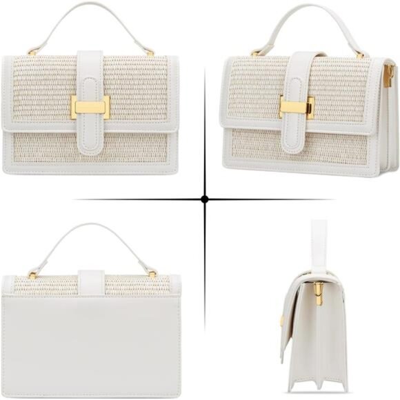 Women White Top Handle Straw Crossbody Bags Summer Straw Purses Hand Bag - Picture 4 of 7